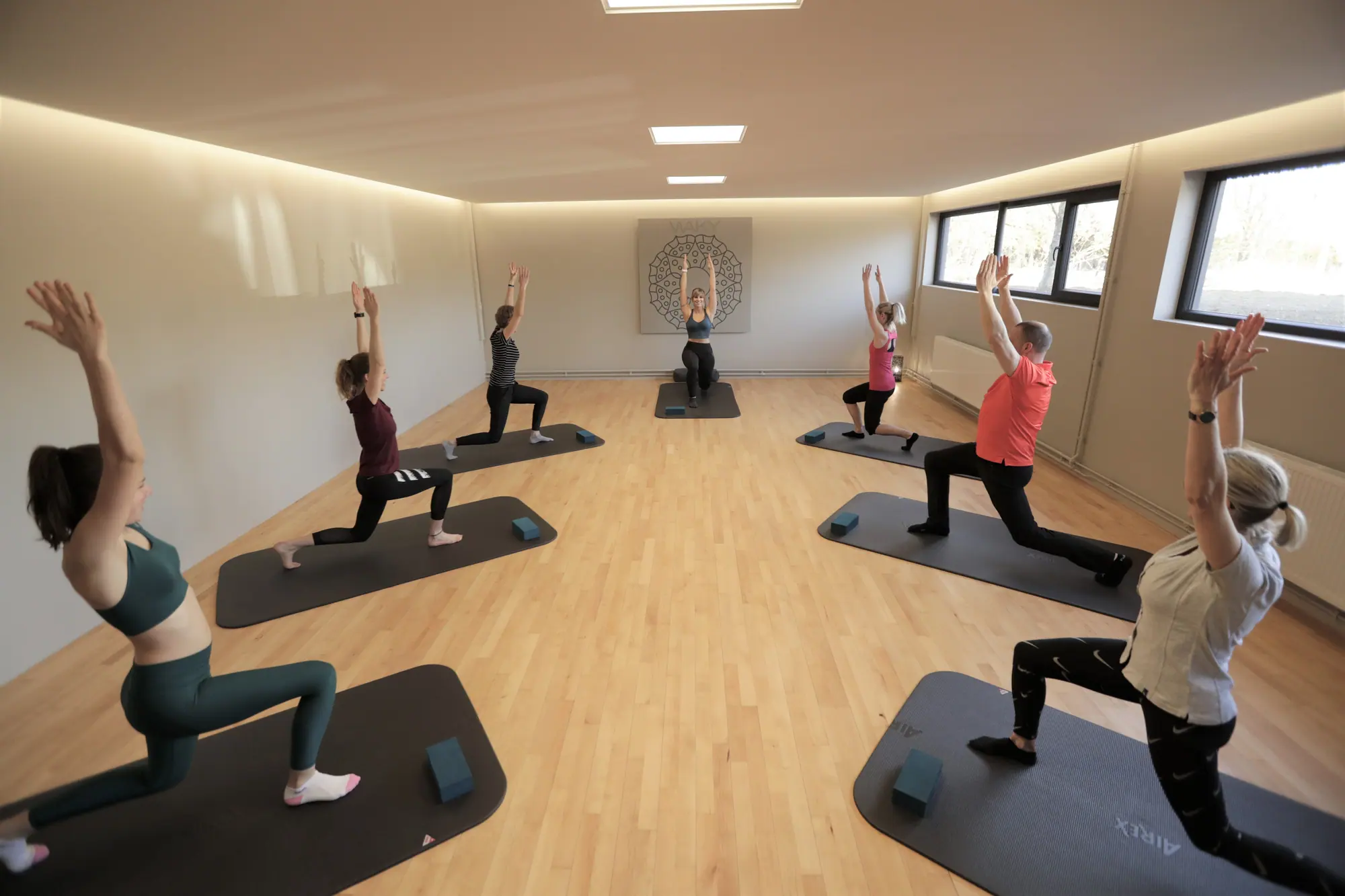 Un cours de yoga dans la salle zen, lumière naturelle.